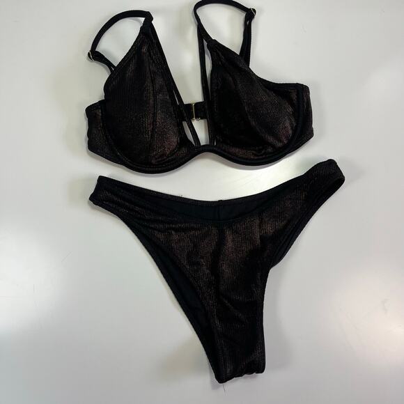 EXPRESS Small Ribbed Bikini Bronze Metallic Shiny Black Copper Underwire‎ Cheeky - Picture 5 of 9
